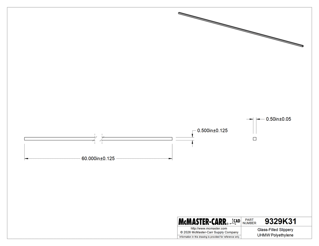 Technical Drawing of Glass-Filled Slippery UHMW Polyethylene, Abrasion-Resistant, 1/2" Thick, 1/2" Wide, 5 Feet Long.
